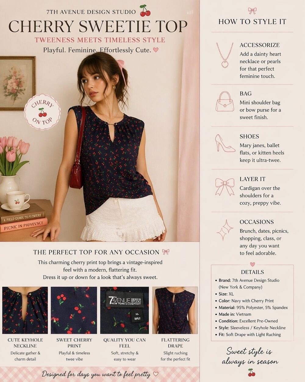 7th Avenue New York XL Retro Cherry Twee Ruched Blouse